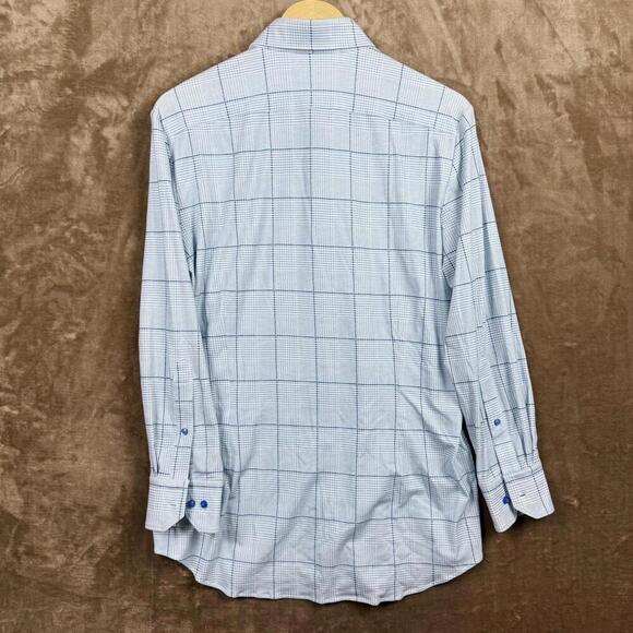 Emanuel Berg Modern Fit Checkered Dress Shirt Men M/L Blue White Stretch Soft - Picture 13 of 13